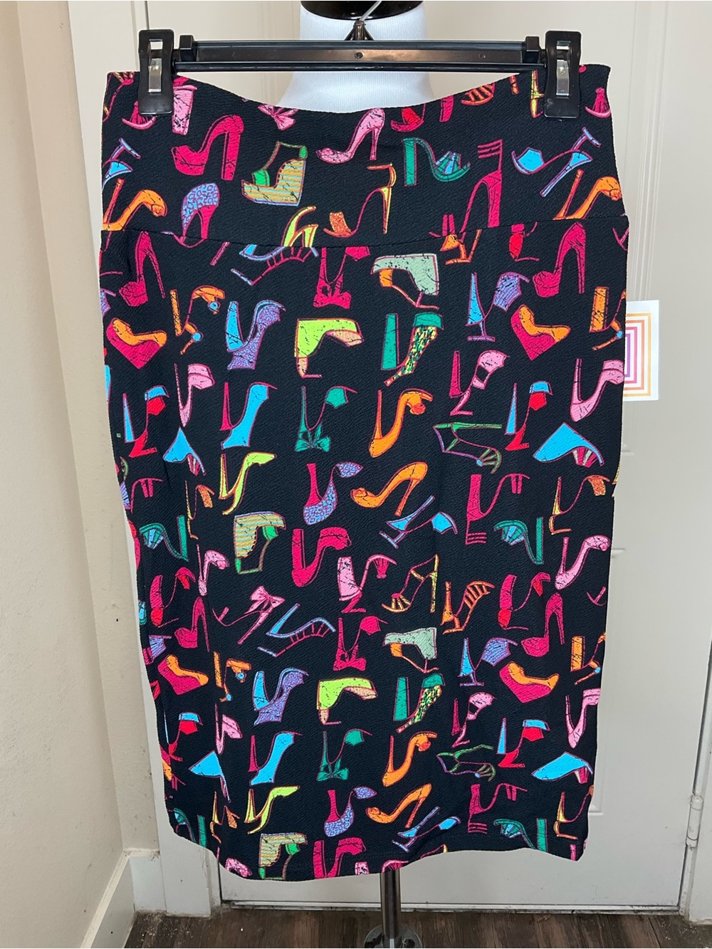 LuLaRoe Cassie Black Pencil Skirt with Neon Multicolor Shoe Print M